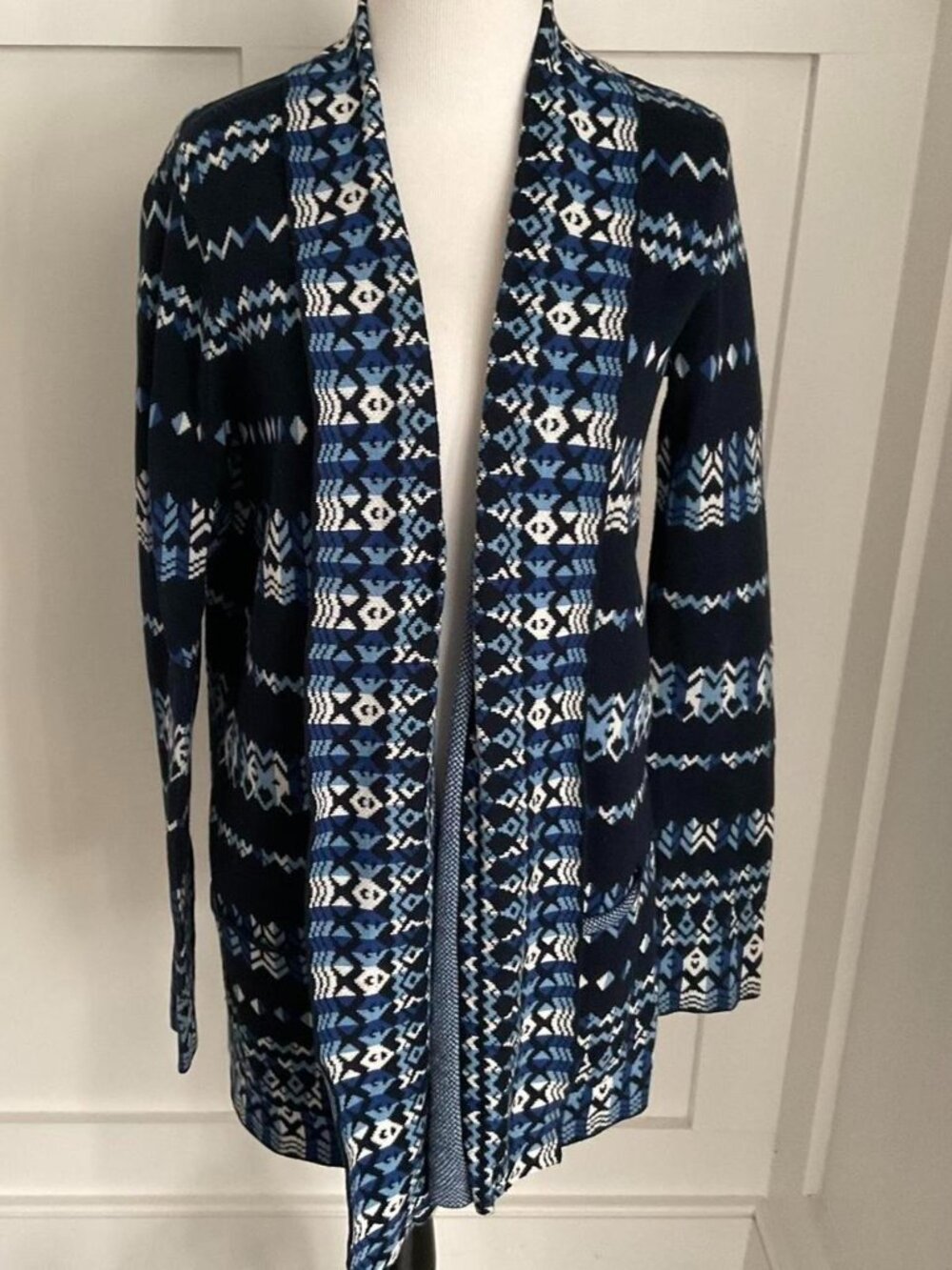 BCBGMAXAZRIA Women's Blue Geometric Open-Front Cardigan | Size Small | Like New